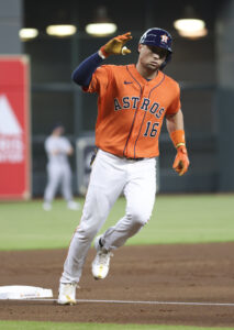 Oakland Athletics' Aledmys Diaz gestures to his former Houston Astros  teammates after receiving his 2022 World